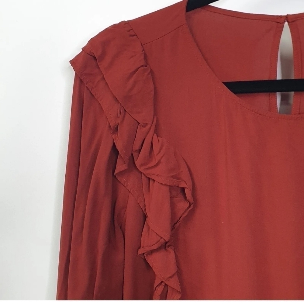 Loft Maroon Ruffle Boho Fall Rayon Top Long Sleeve Size Large - Picture 4 of 12